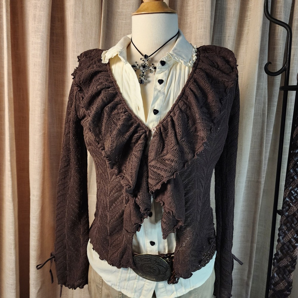 LOFT Brown Pointelle Ruffle Cardigan XS Chevron Knit Tie Cuff Sweater Whimsigoth